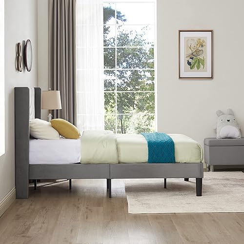 Miniatura 18 de VECELO Base de cama tapizada tamaño Queen con cabecera de tela, soporte de listones de madera, no necesita somier, base de colchón, fácil montaje,