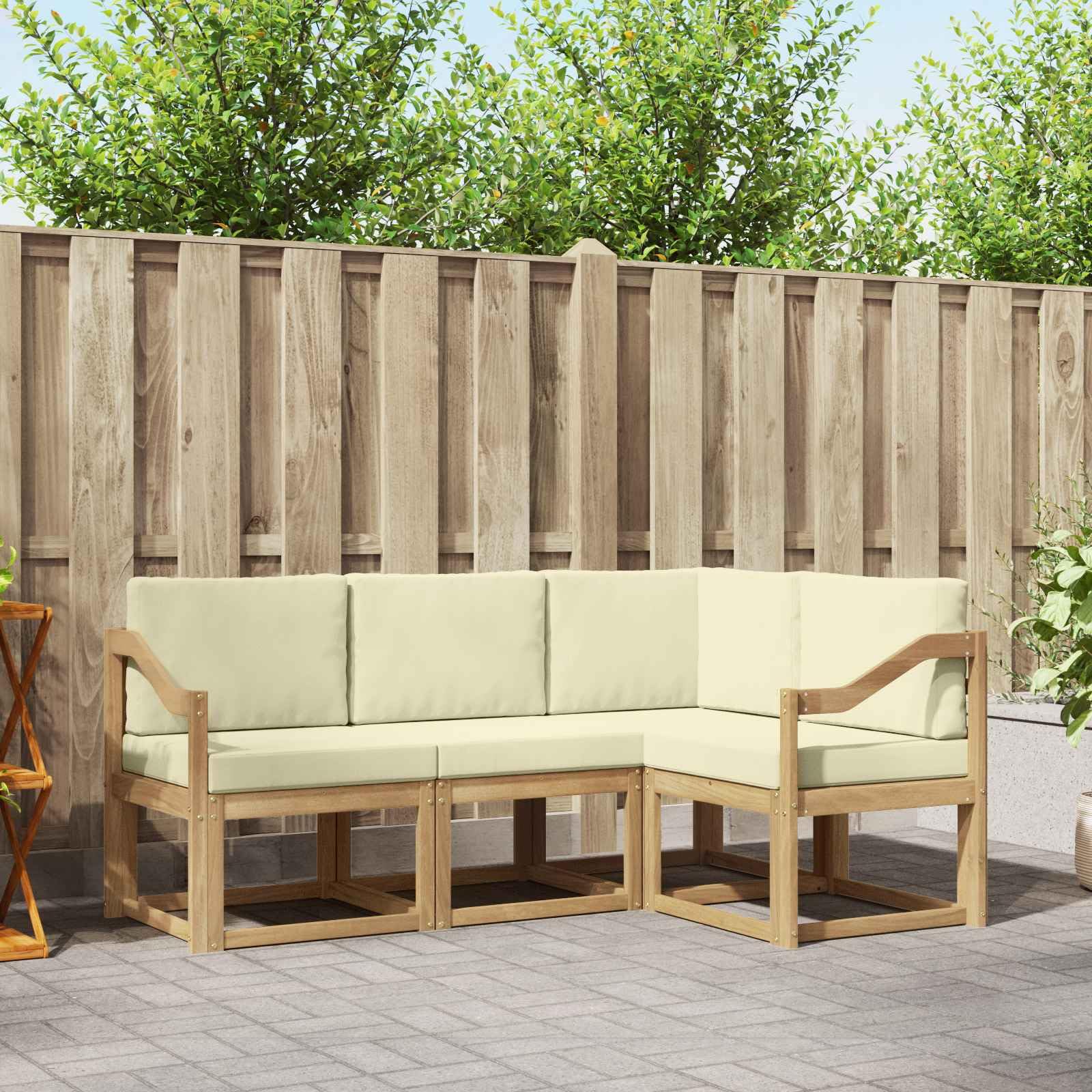 Meubles de jardin d'angle en acacia massif et coussins crème