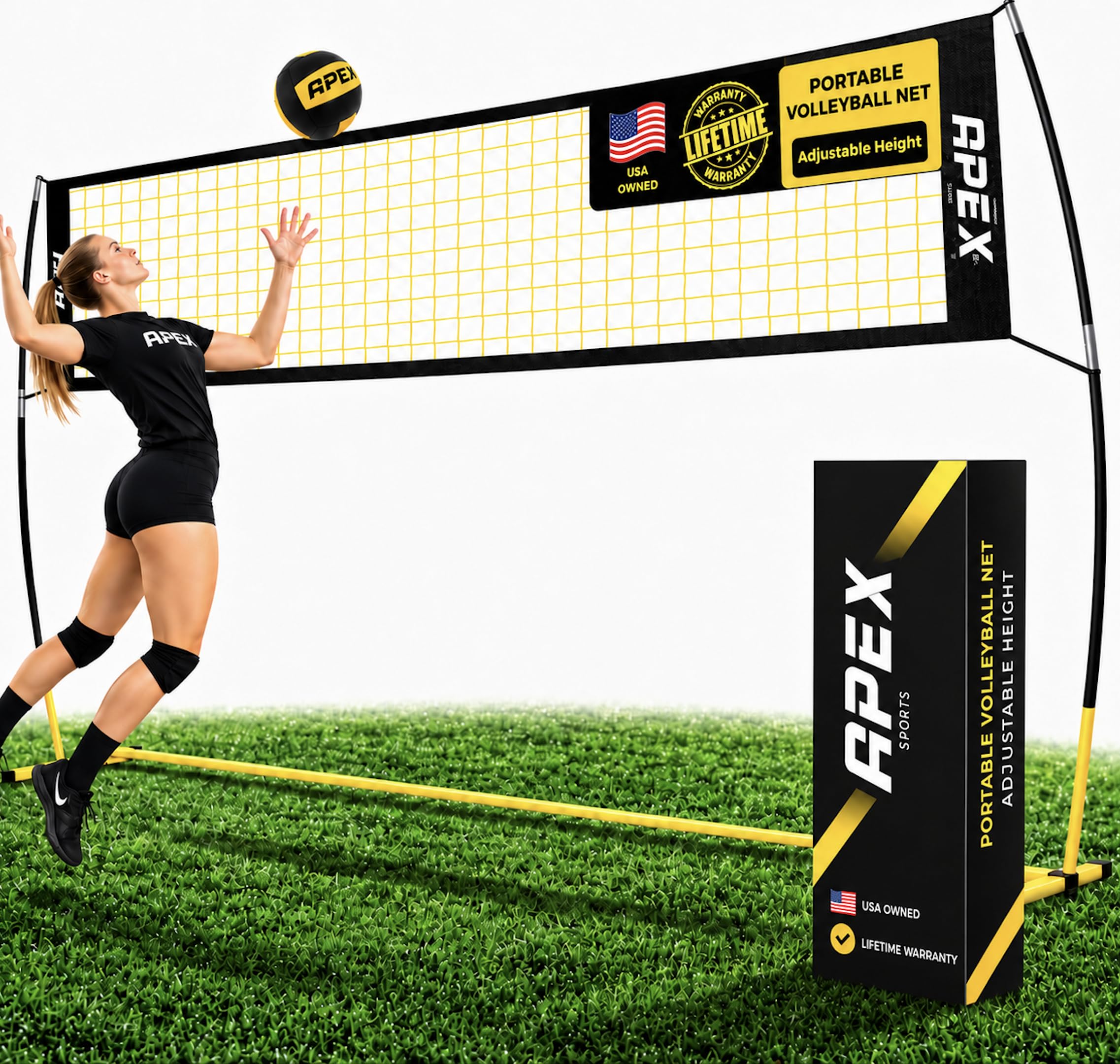 Apex Sports Red de entrenamiento de voleibol, 12 pies de ancho, altura ajustable portátil de 7.4 a 8 pies, incluye estacas para el suelo, bolsa de transporte, uso en interiores y exteriores, diseñada