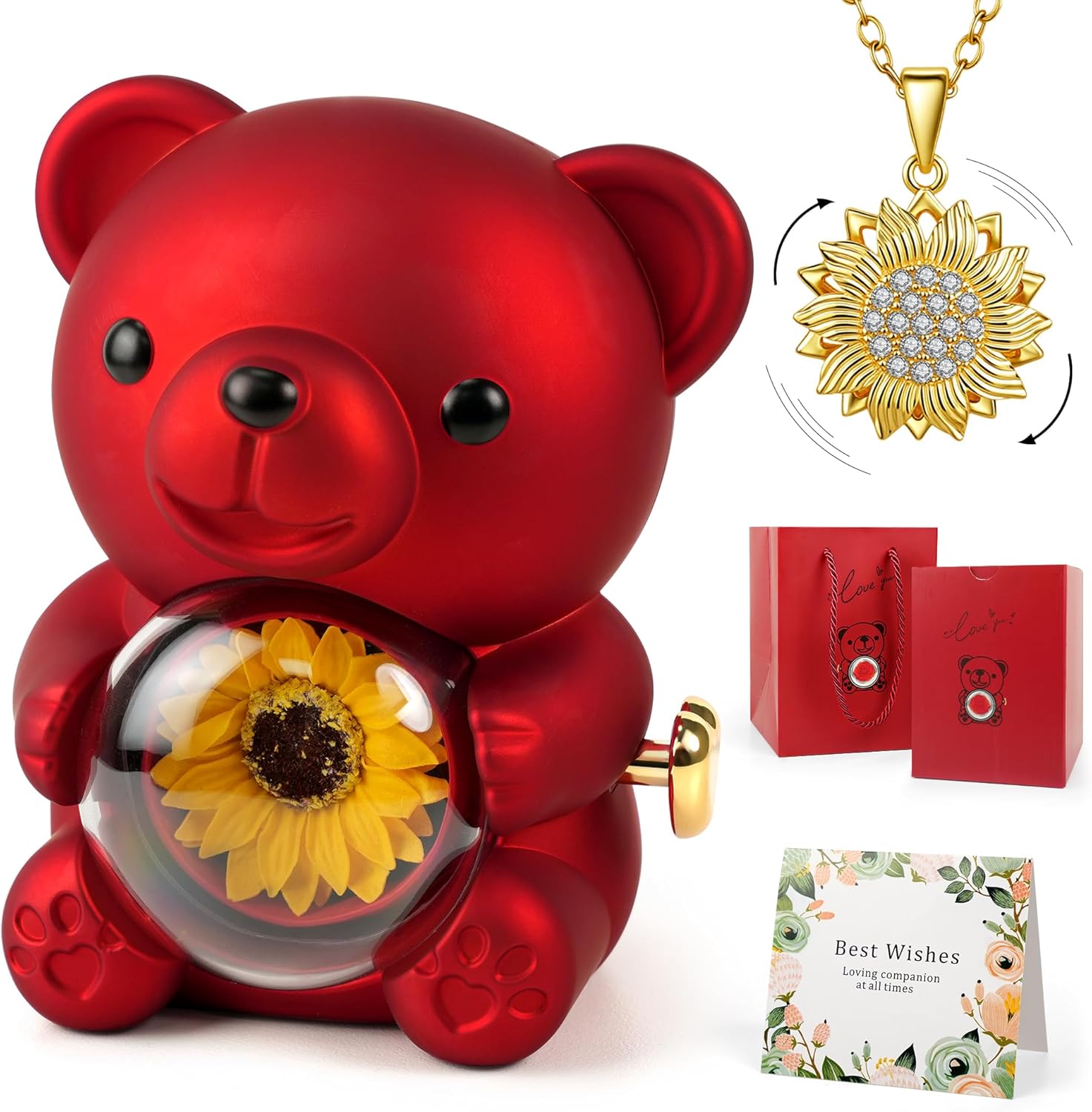 Sunflower Necklaces for Women Mothers Day Teddy Bear Gifts with Preserved Sunflower, Cute Sunflower Gift Box Anniversary Birthday Jewelry for Wife Girlfriend Daughter San Valentin Regalos