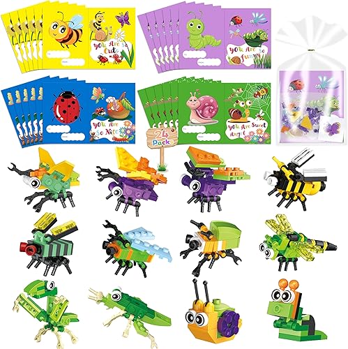 Paquete de 24 regalos para el día de San Valentín para niños, juego de bloques de construcción con temática de insectos, tarjetas de San Valentín