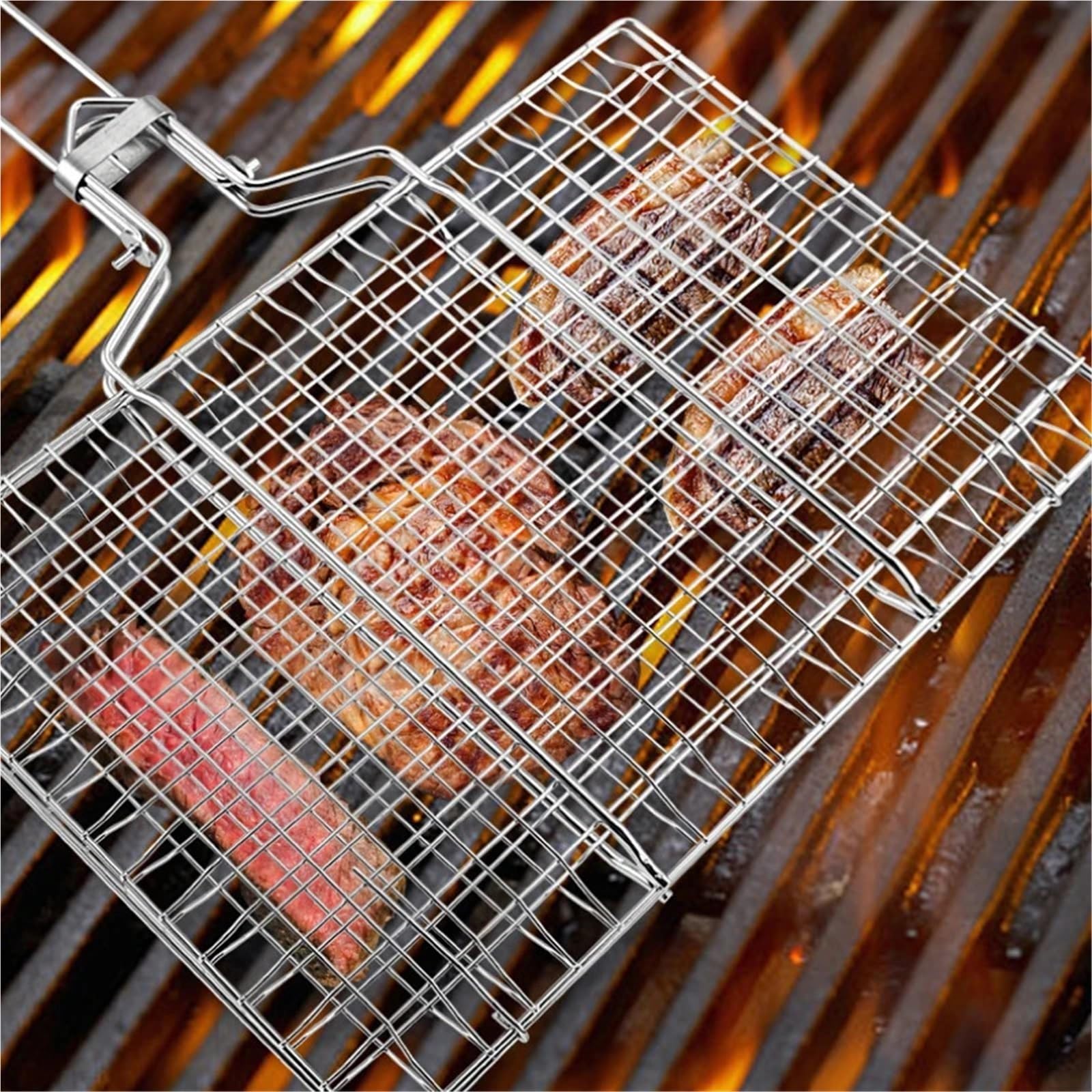 Red de Barbacoa Plegable Acero Inoxidable 304, Desmontable, portátil, con Clip for Parrilla Pescado para Barbacoa al Aire Libre(L)