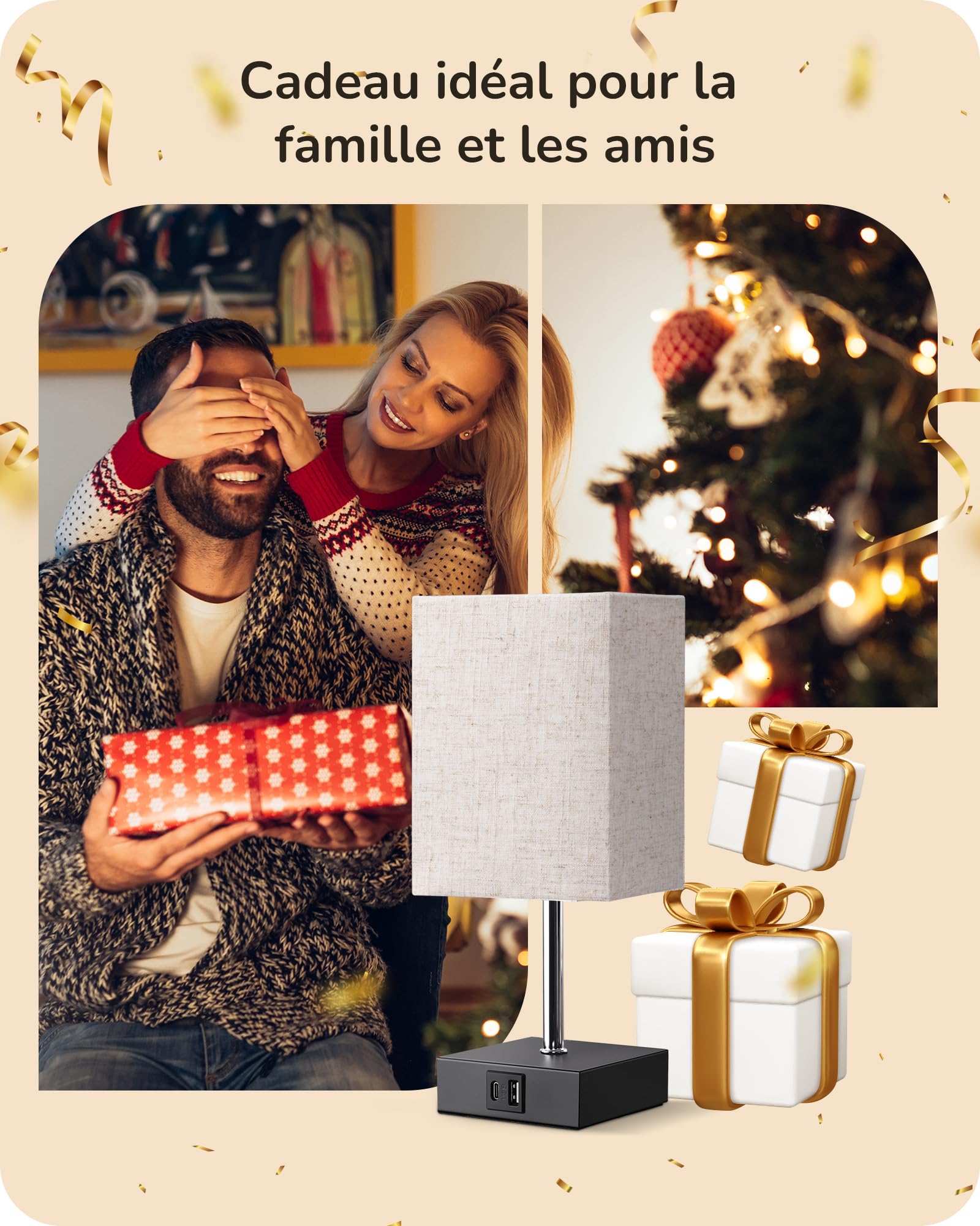 EDISHINE Lampe de Chevet Tactile Lot de 2, avec USB-A & USB-C Port de Charge, E27 Ampoule LED Incluse, 3 Intensités Réglables, Lampe de Table LED pour Chambre, Salon, Hôtel, Abat-jour Beige