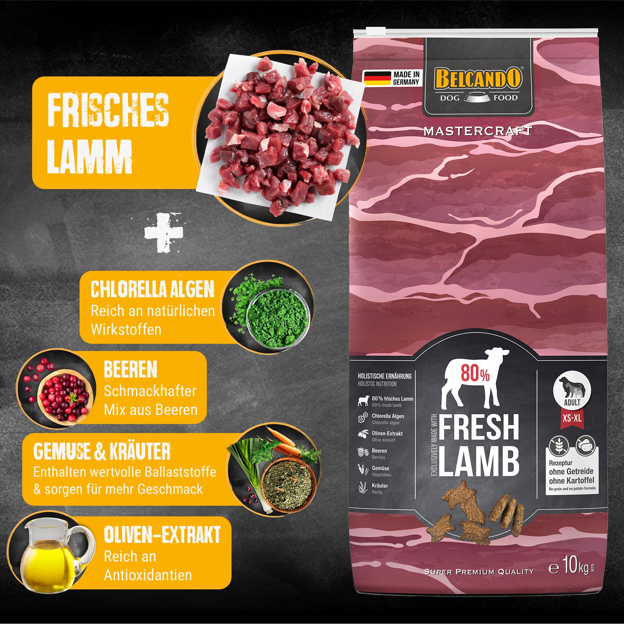 BELCANDO MASTERCRAFT Hundefutter trocken Fresh Lamb, 10kg, Trockenfutter für Hunde mit Lamm, 80% Frischfleisch, getreidefrei, für alle Rassen, Made in Germany
