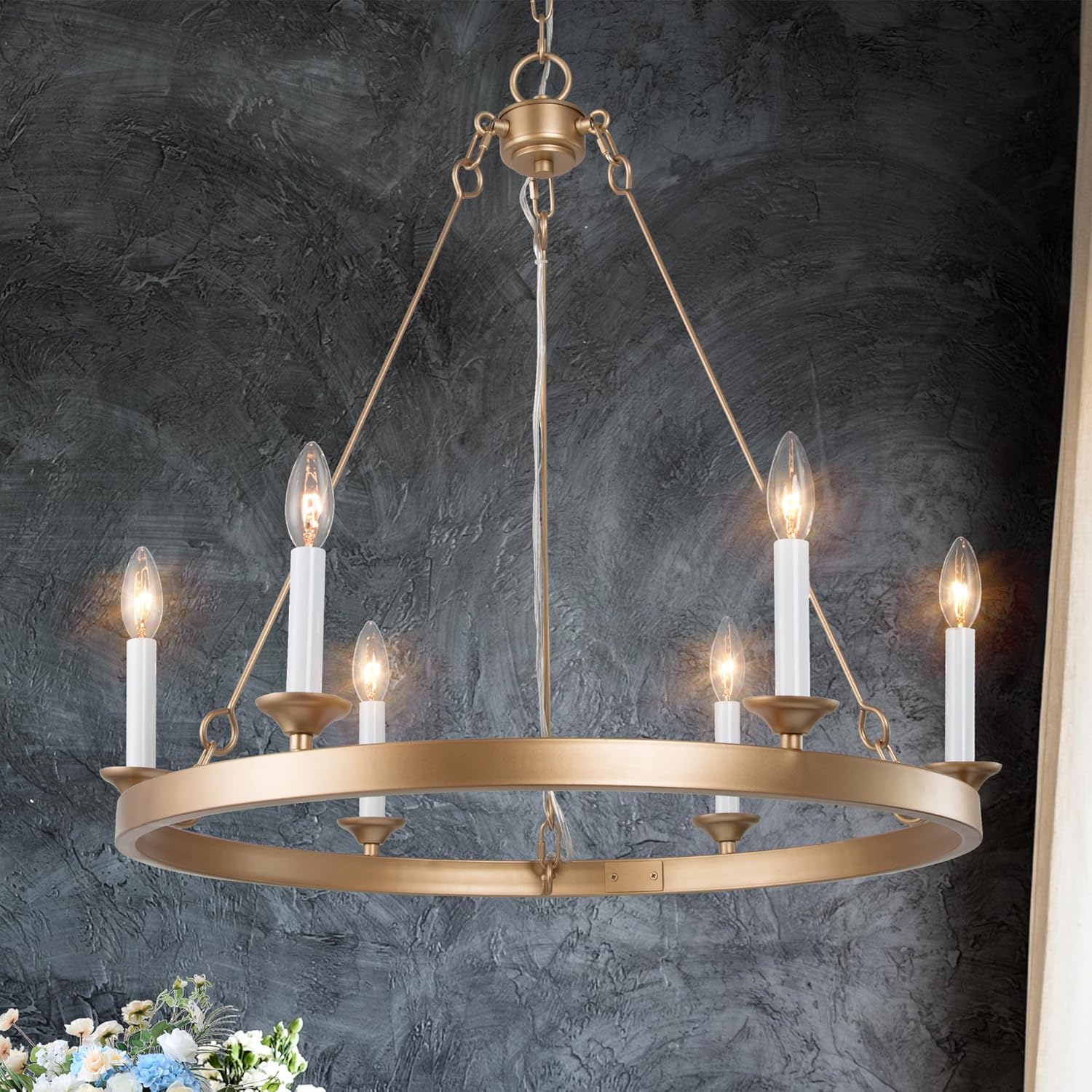 KSANA Chandeliers for Dining Room, Gold Wagon Wheel Chandelier 6 Light Modern Chandelier Light Fixtures with White Candlesticks for Kitchen, Living Room, Foyer