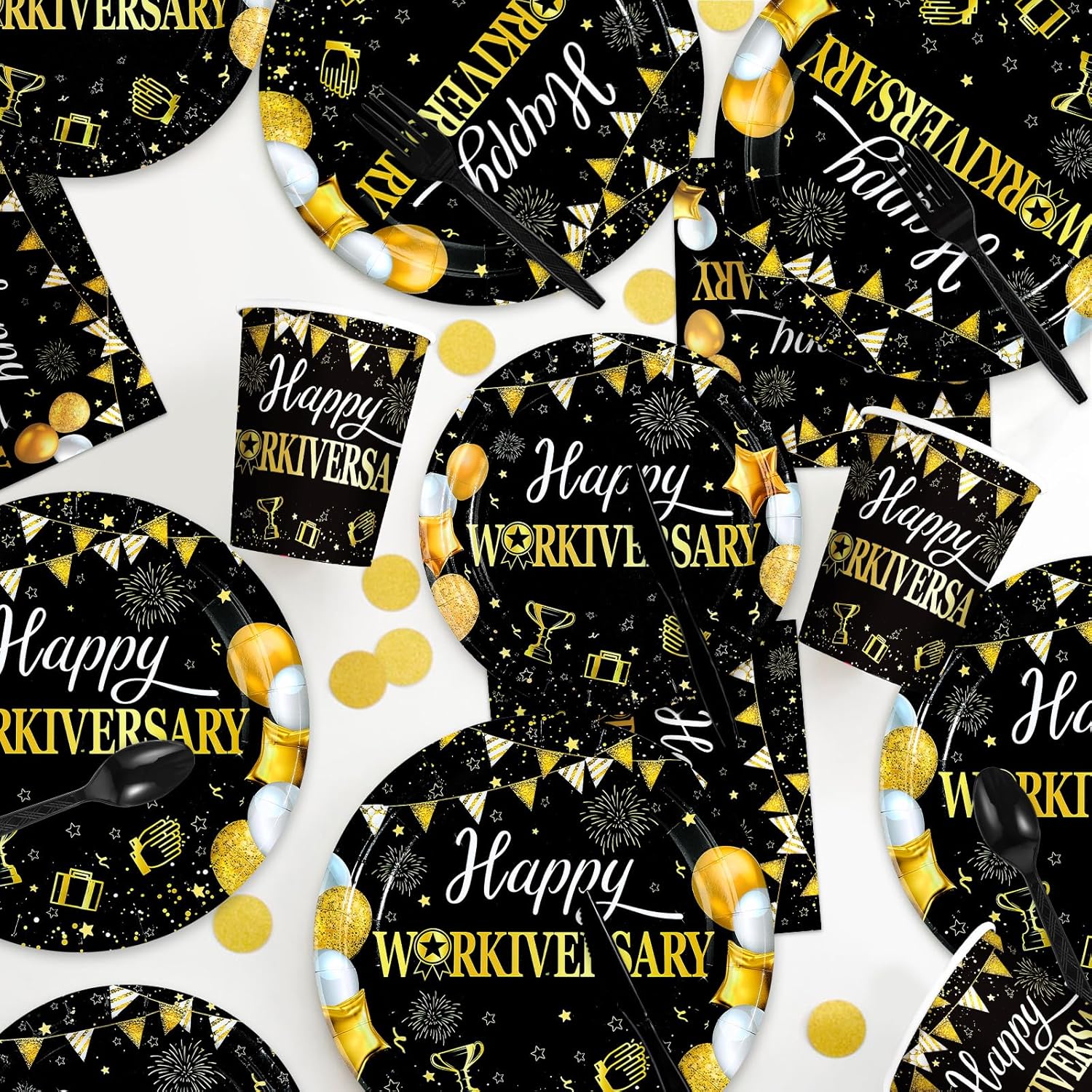 168Pcs Happy Workiversary Party Decorations for Men Women Black Gold Happy Work Anniversary Plates and Napkins Cups Forks Tableware Set for Worker Employee Appreciate Office Party Supplies Serves 24