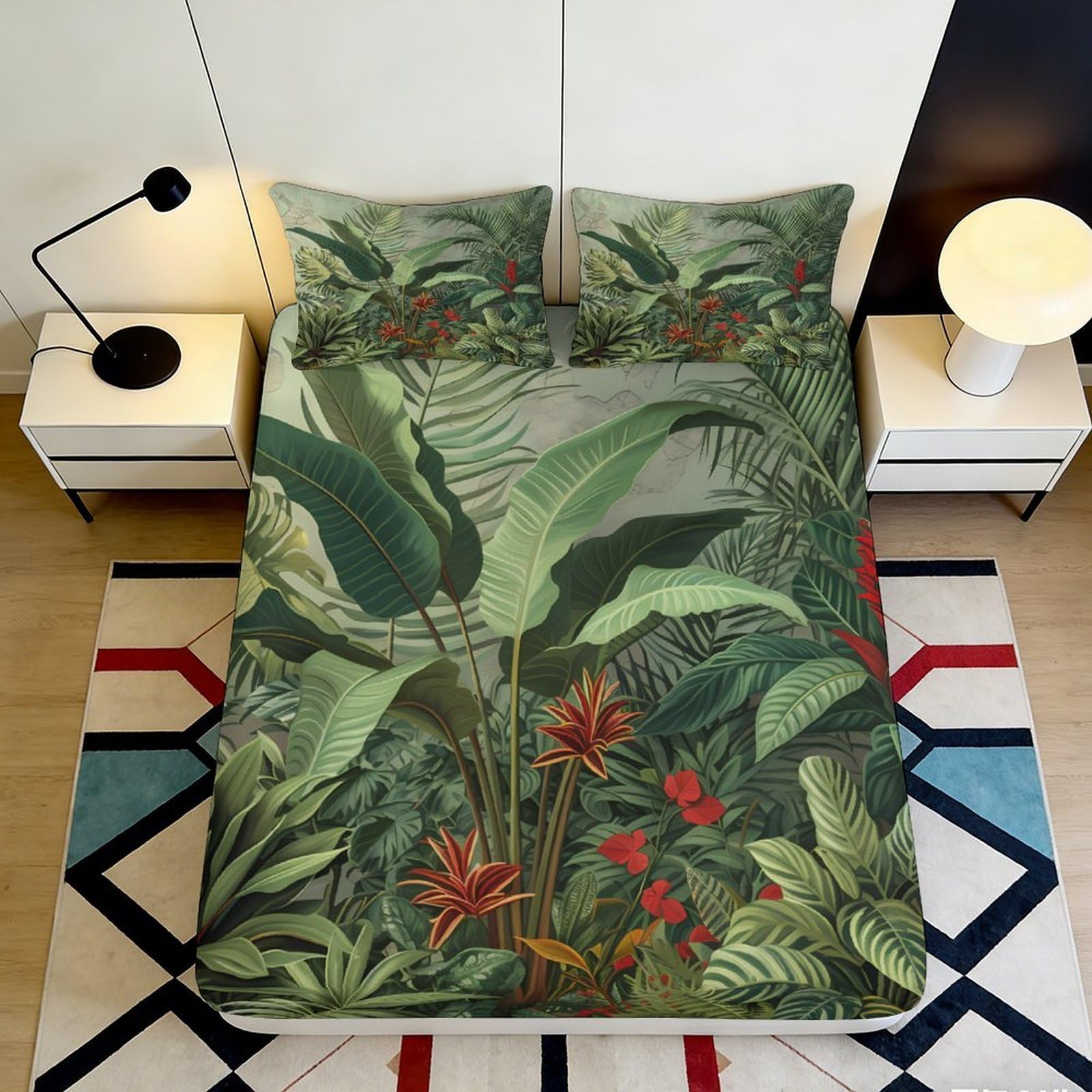 3D Printed Tropical Jungle Fitted Sheet Microfiber Vibrant Green Botanical Mattress Cover for Bedroom Guest Room Decor 200x200x25cm