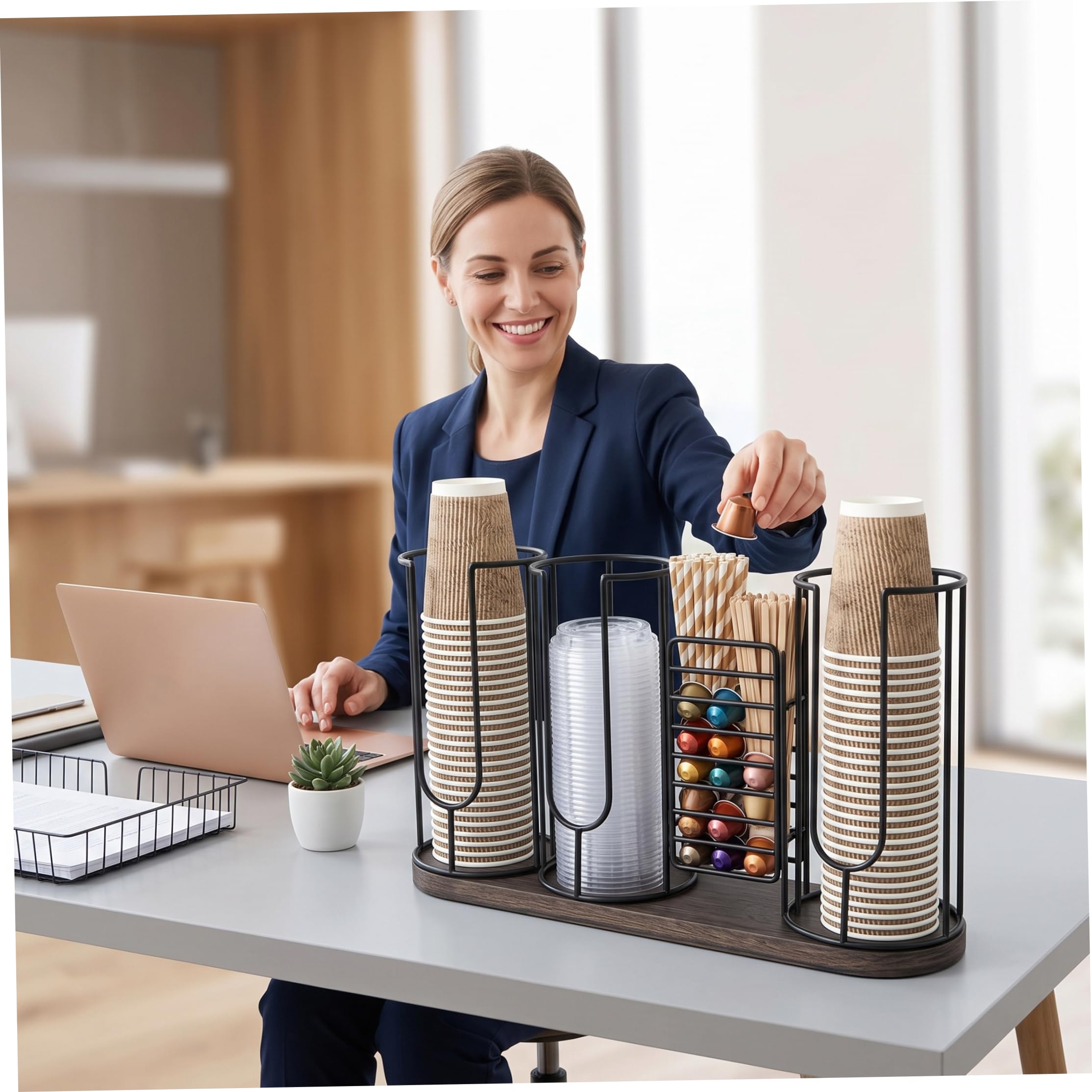 Einweg-Kaffeetassenhalter, Pappbecherspender mit 4 Fächern für die Arbeitsplatte, Kaffee-Organizer mit Holzsockel für die Bar, Schwarz