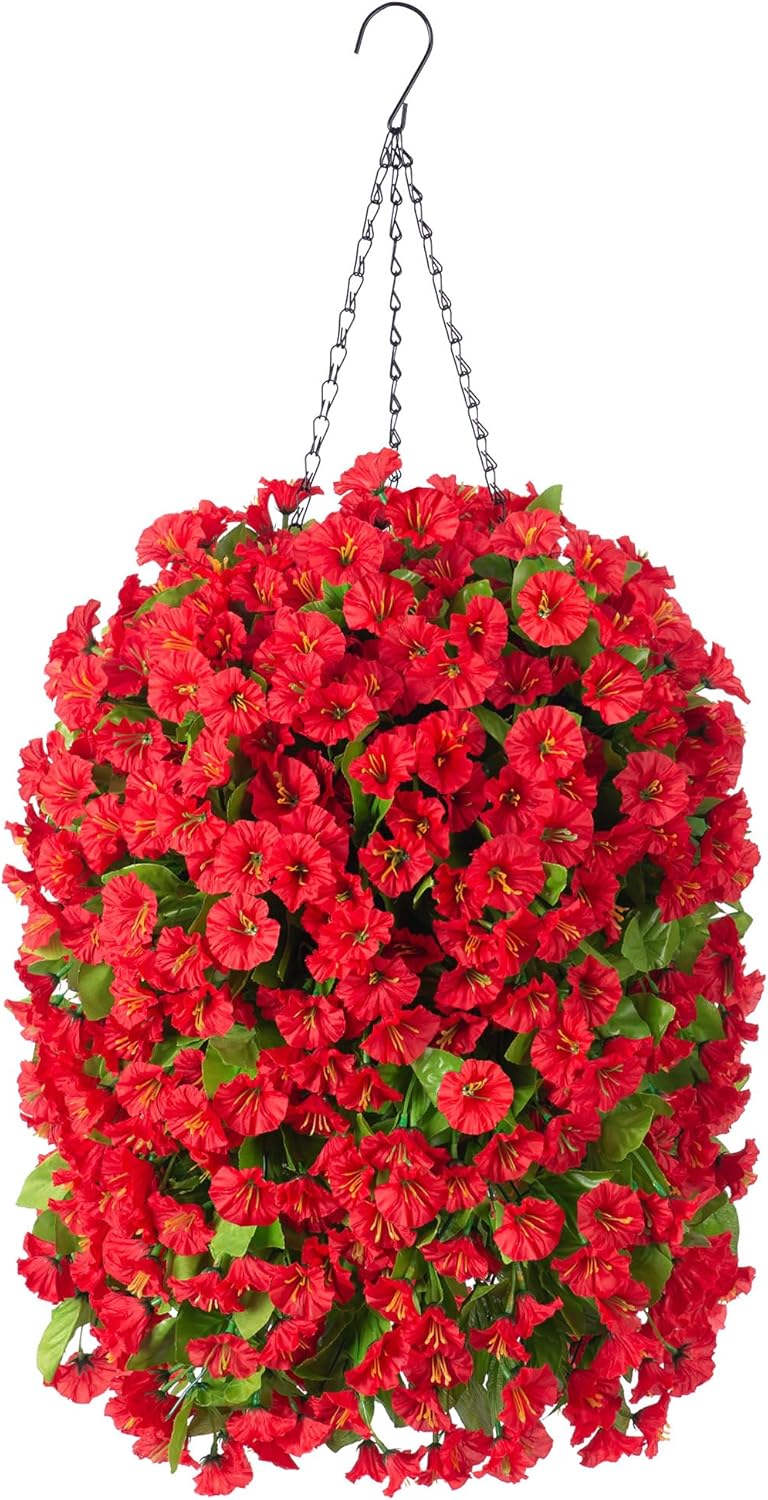 Artificial Faux Hanging Flowers Basket for Spring Summer Outdoor Outside Porch Decoration, Fake Silk Colorful Morning Glory Eucalyptus UV Resistant Look Real for Home Patio Balcony Yard(Red)