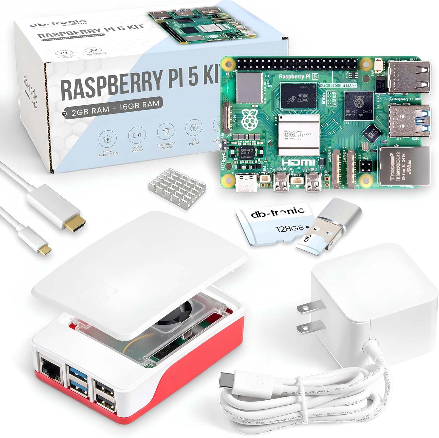 Raspberry Pi 5 16GB Starter Kit | 128GB Edition | Official 27W Power Supply | Official case with Fan | 4K Micro HDMI Cable 1m | Aluminum heatsink