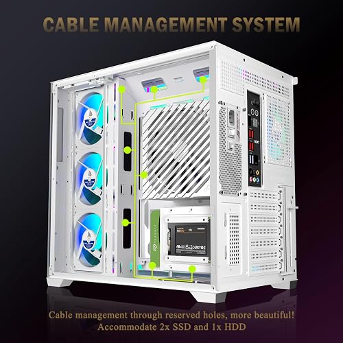 ANSAITE Boîtier PC ATX Ventilateurs 7 PWM ARGB pré-installés, Boîtier PC Gaming Mid-Tower, Boîtier Informatique panoramique en Verre trempé avec Type-C, Support de radiateur 360mm (Blanc) - 6