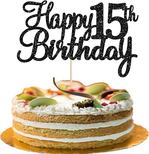 Gyufise 1 decoración negra para tarta de cumpleaños número 15 con purpurina para tarta de cumpleaños de 15 años, decoraciones fabulosas para tartas
