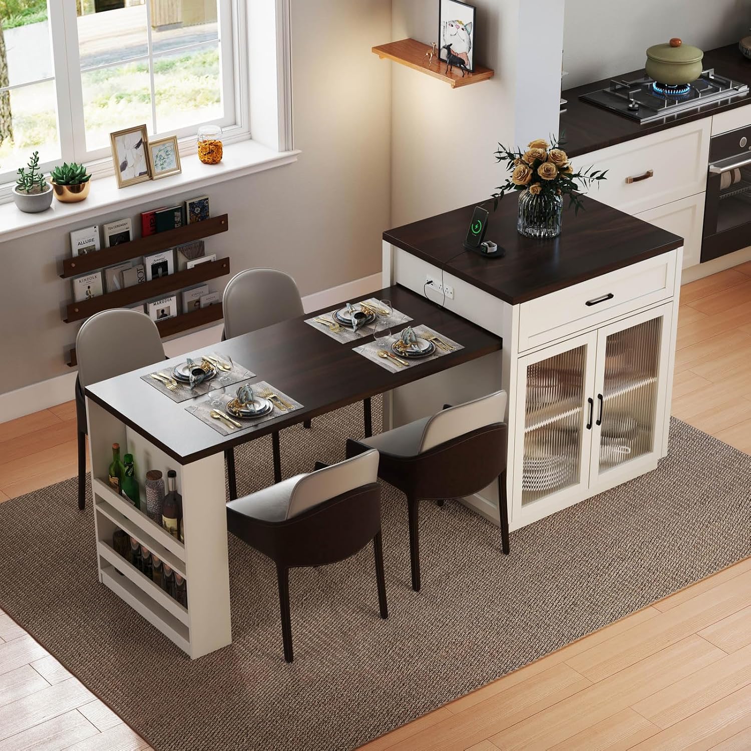 83'' Extendable Kitchen Island with Dining Table,2-in-1 Large Kitchen Islands with 3 Drawers and 2 Shelves,Wood Island Table with Charging Station for Dining Room,Office,House Bar,White