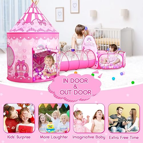 Vista 51 de PigPigPen Tienda de campaña de 3 piezas para niñas con hoyo de bolas, túnel de gateo, carpas de princesa para niños pequeños, juguetes de casa