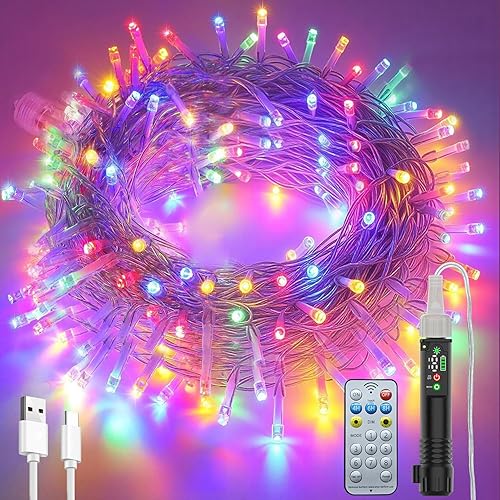 Luces de Navidad con 8 modos de iluminación, 200 luces LED de 66 pies con control remoto, cadena de luces recargables para exteriores, decoraciones