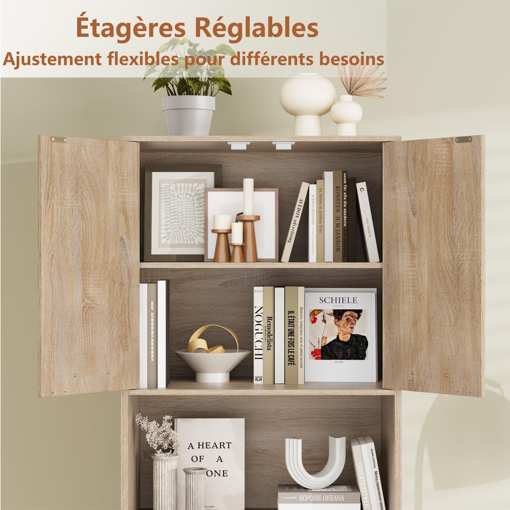 FirFurd Meuble Colonne Salle de Bain 180cm Armoire Haute Rangement Chêne | 4 portes avec étagère réglable et ouverte | 60x40x180.5cm | Base surélevée | Poignées pratiques | Pour salon et cuisine