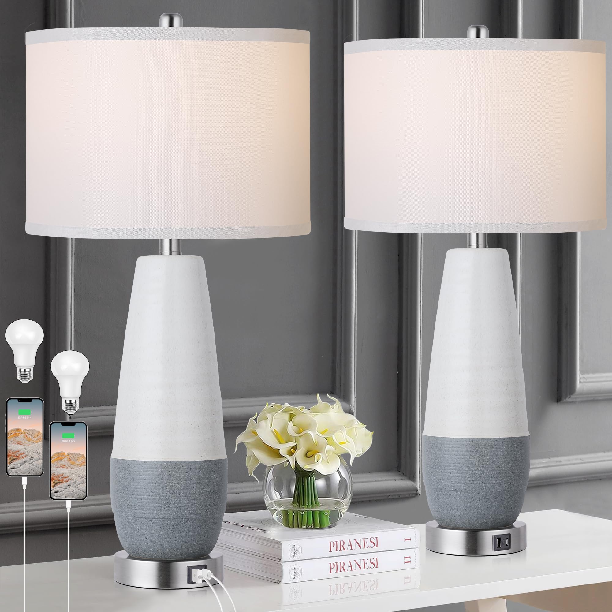 WIHTU Table Lamps Set of 2 Ceramic 27“ Tall Table Lamp with Dual USB ...