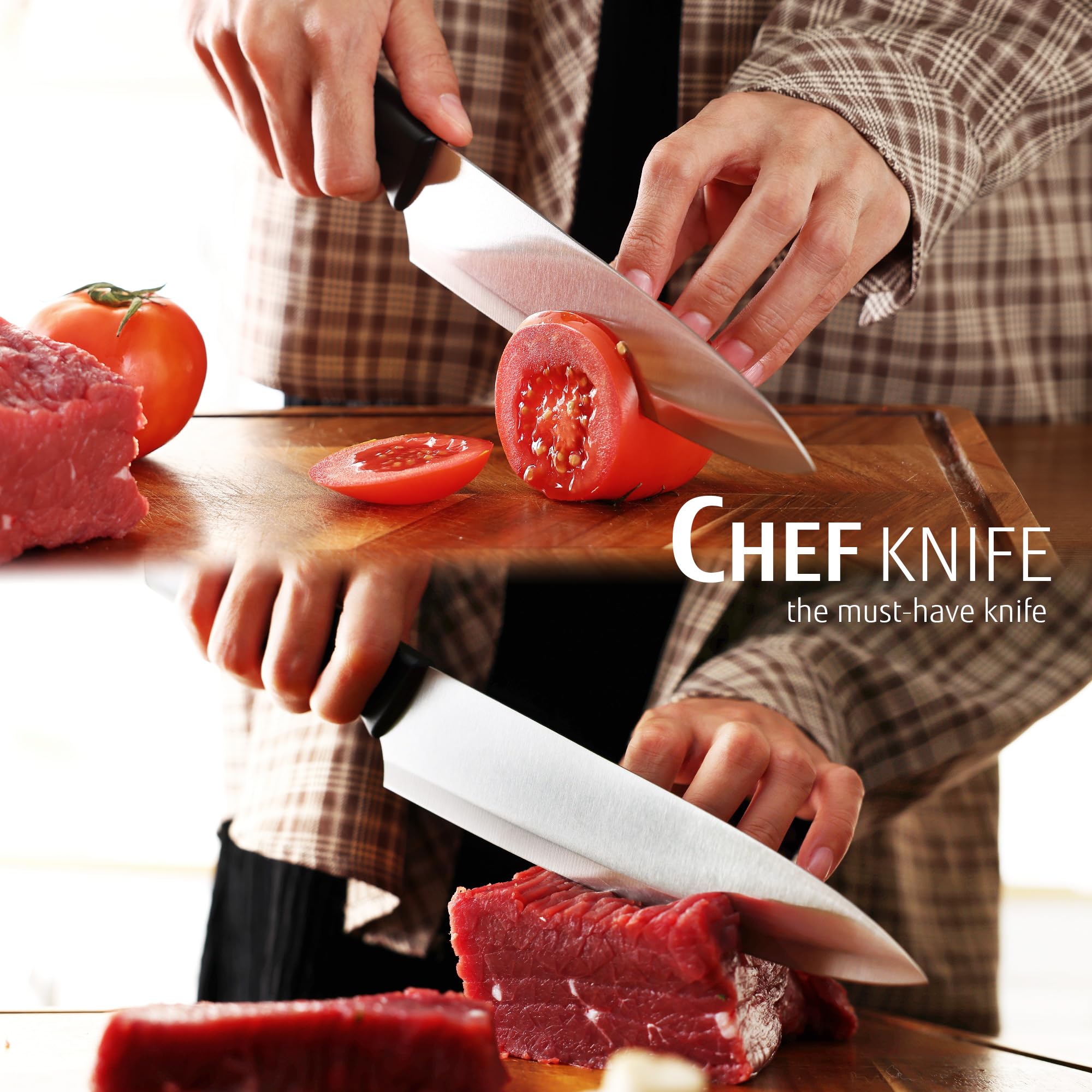 hecef Juego de Cuchillos con Bloque 7 Piezas, Afilado Hoja de Acero Inoxidable con Mango Curvo Especial para Chef y Aficionados a la Cocina, Negro
