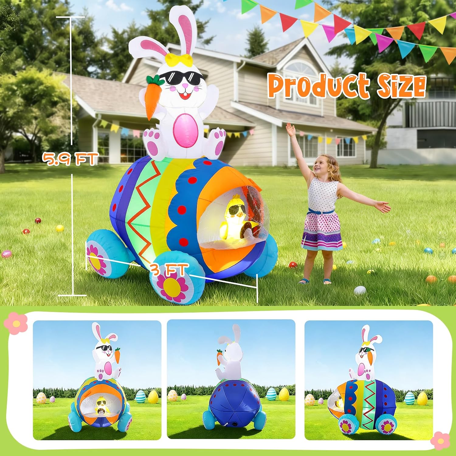 Elegear 5.9FT Easter Inflatable Bunny Driving Egg Car Outdoor Decoration, Lighted Bunny & Chick Blow Up Yard Decor for Lawn, Garden, Holiday Party & Spring Display