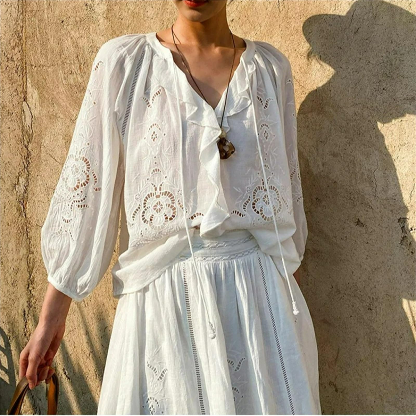 Copricostume Donna Camicetta da Donna Vintage | Camicia bianca primavera estate manica lunga casual scollata top da donna(Blouse only,S)