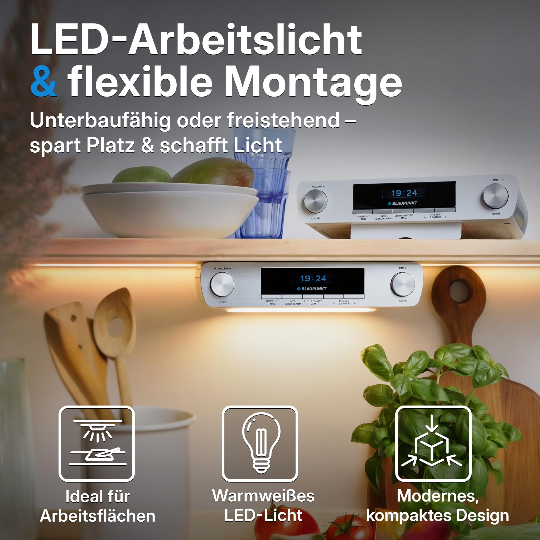 Blaupunkt KRD 30, Bluetooth Küchenradio mit DAB+, UKW PLL, Multidisplay, Senderspeicher, Unterbau Digitalradio mit Uhr, LED Licht, 2 Back Timer, Werkstatt Unterschrank Radio, Silber