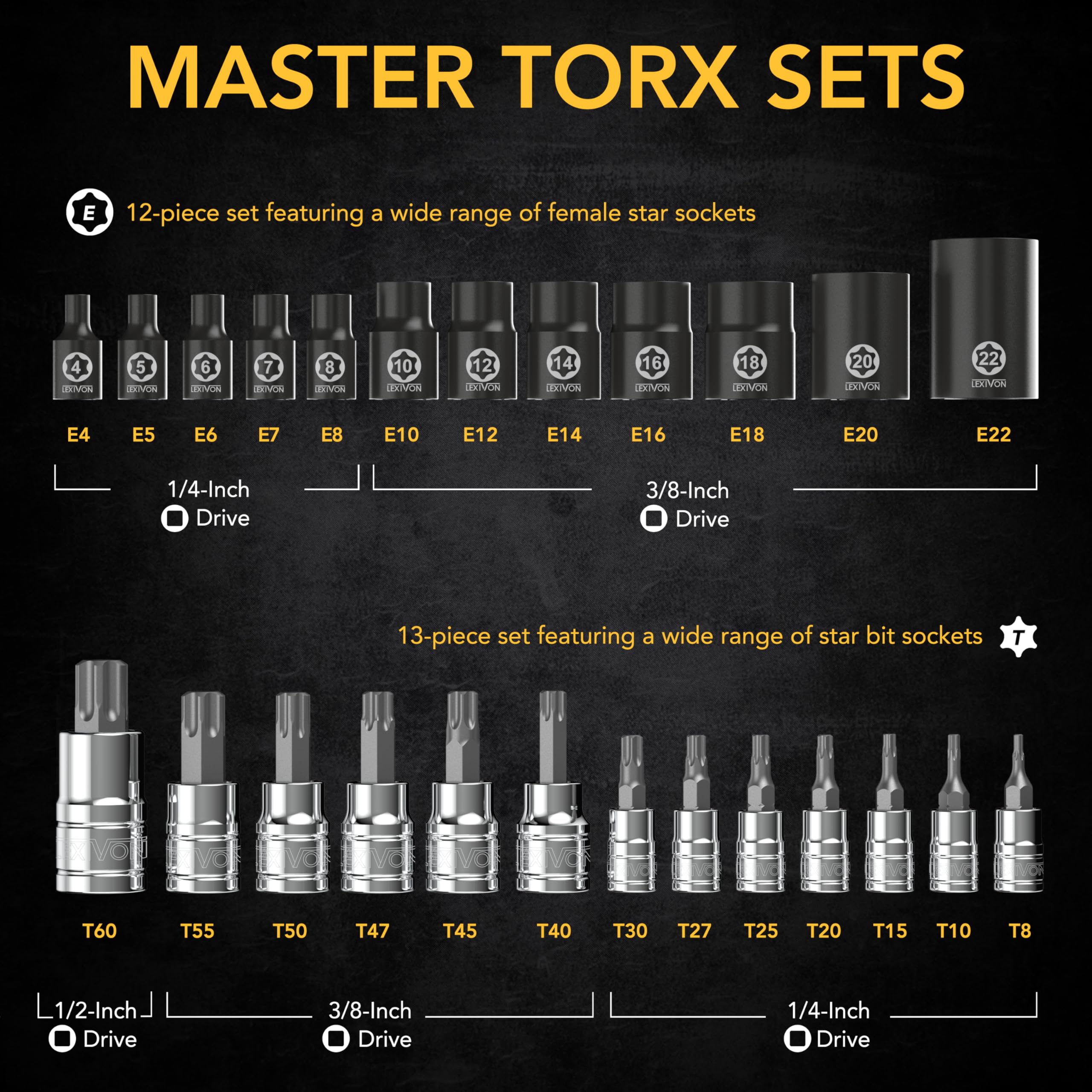 Lexivon Set di punte e bussole Torx Master, lega S2 di alta qualità e acciaio Cr-V, 25 pezzi, bussole per punte T8-T60 e E-Torx E4-E22, custodia robusta