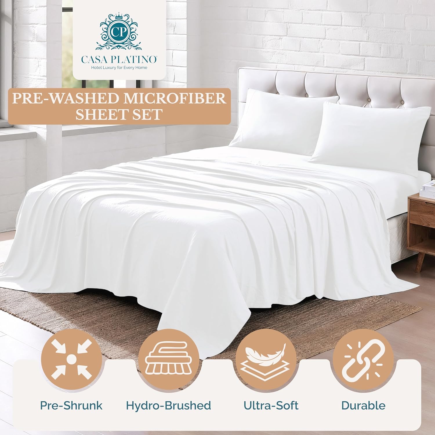 Casa Platino King Bed Sheets, Pre-Washed Brushed Microfiber King Sheets, Soft & Cozy Bedding, 4 Piece Set, Ultra Soft & Breathable Bedding, Deep Pocket 15 Inch Sheet & Pillowcase Sets– White - Image 2