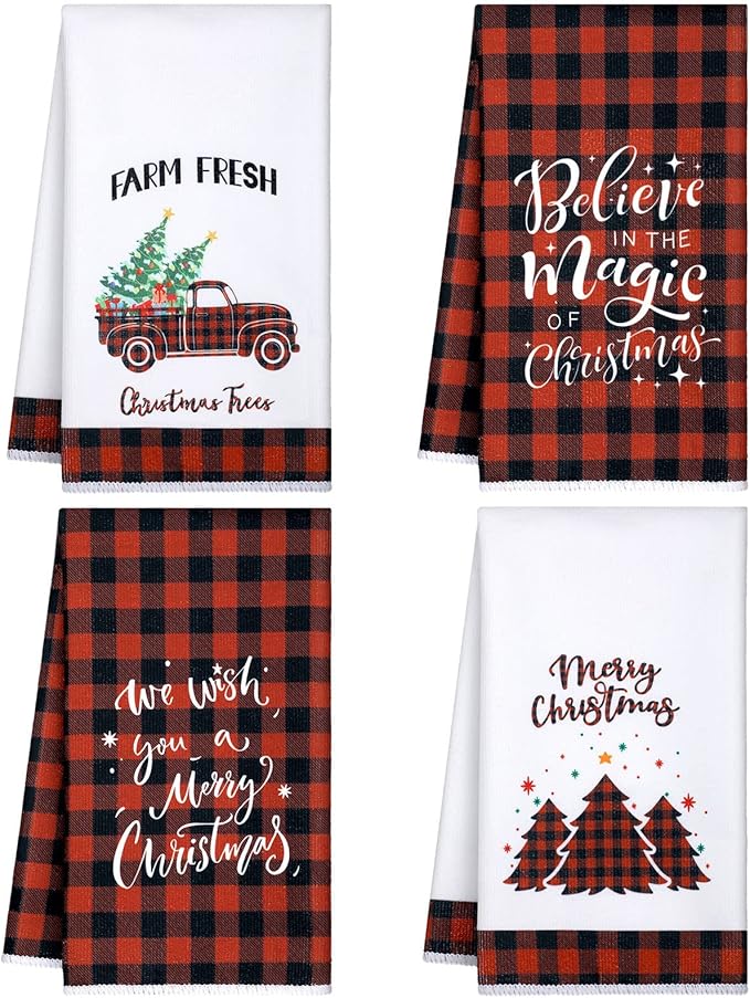 4 Pack Christmas Kitchen Towels Buffalo Plaid Dish Towels Winter Hand Towels Farmhouse Tea Towels Housewarming Gifts Christmas Decorations for Kitchen Holiday Xmas(Red Black, Tree)