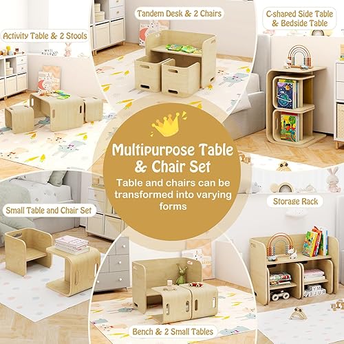 Miniatura 6 de Costzon Juego de mesa y silla para niños mesa de actividades de madera 4 en 1 banco estantes de almacenamiento escritorio para lectura arte Natural
