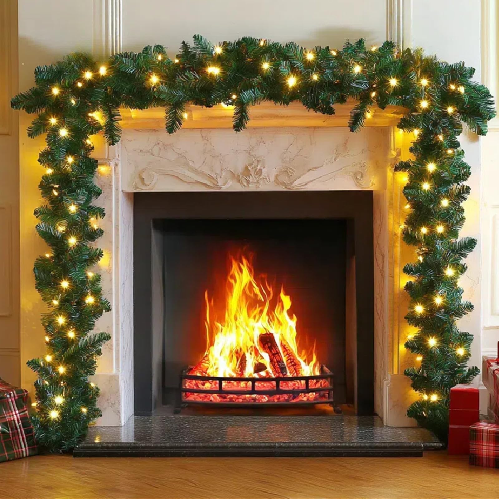 16.4FT/5M Christmas Garland with Lights -100 LEDs Light Up Christmas Garland Decorations Wreath for Fireplace, Stair, Front Door, Xmas Tree Home Outdoor Decor