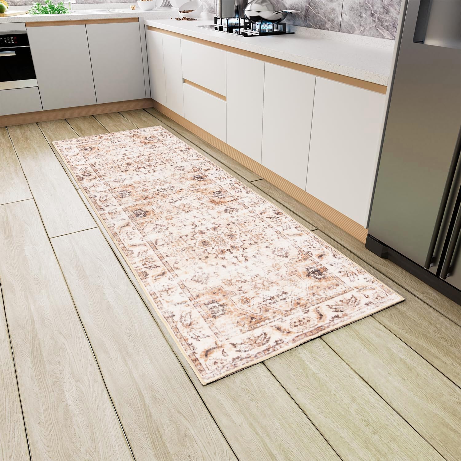 Heifgott Runner Rug - 2x6 for Hallways Kitchen Runner Rug Non Slip Washable Runner Rugs with Rubber Backing Soft Low Pile Lightweight Rugs Rug Runner for Kitchen, Laundry, Bedroom (Light Brown/2x6FT)