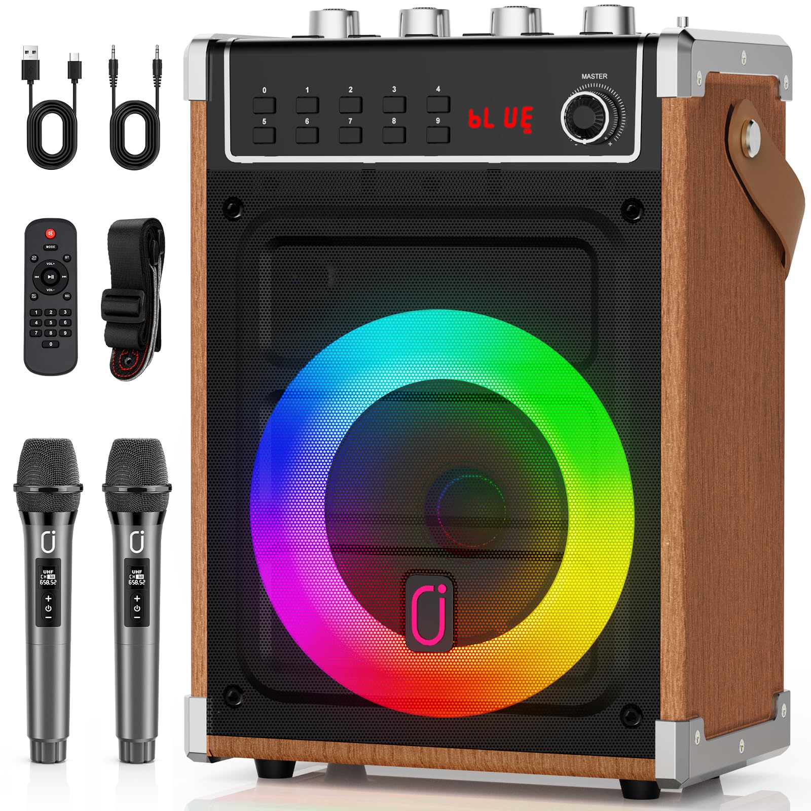 Karaoke Machine with 2 Wireless Microphones, Bluetooth Speaker with Bass/Treble/Echo Adjustment & LED Light, Support USB, SD Card, AUX, TWS, FM, REC, Supply for Party/Adults (Wood)