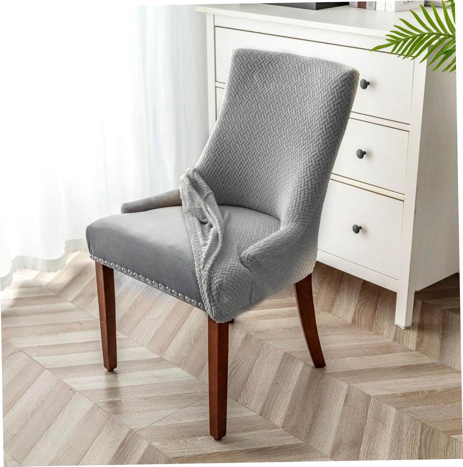 Gcroet 4Pcs Wingback Chair Covers, Soft Stretch Wingback Chair Slipcover with Diagonal Stripes Furniture Protector with Elastic Bottom, Light Grey..