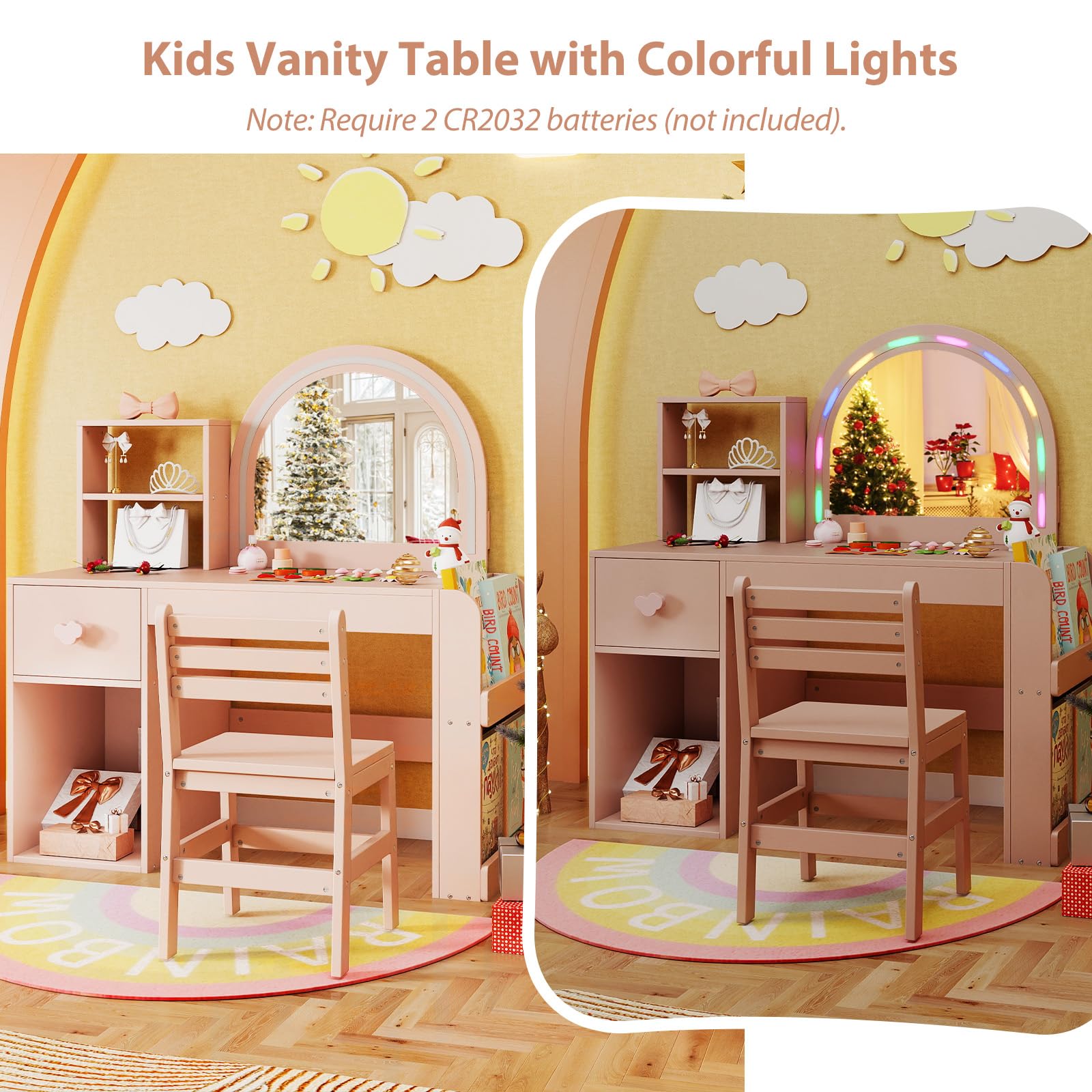 LIFEZEAL Ensemble de Coiffeuse 2 en 1 pour Enfants, Coiffeuse Princesse avec Miroir LED et Tabouret, Coiffeuse en Bois avec tiroir et étagère, Ensemble de Coiffeuse pour Filles 3 Ans et Plus (Rose)