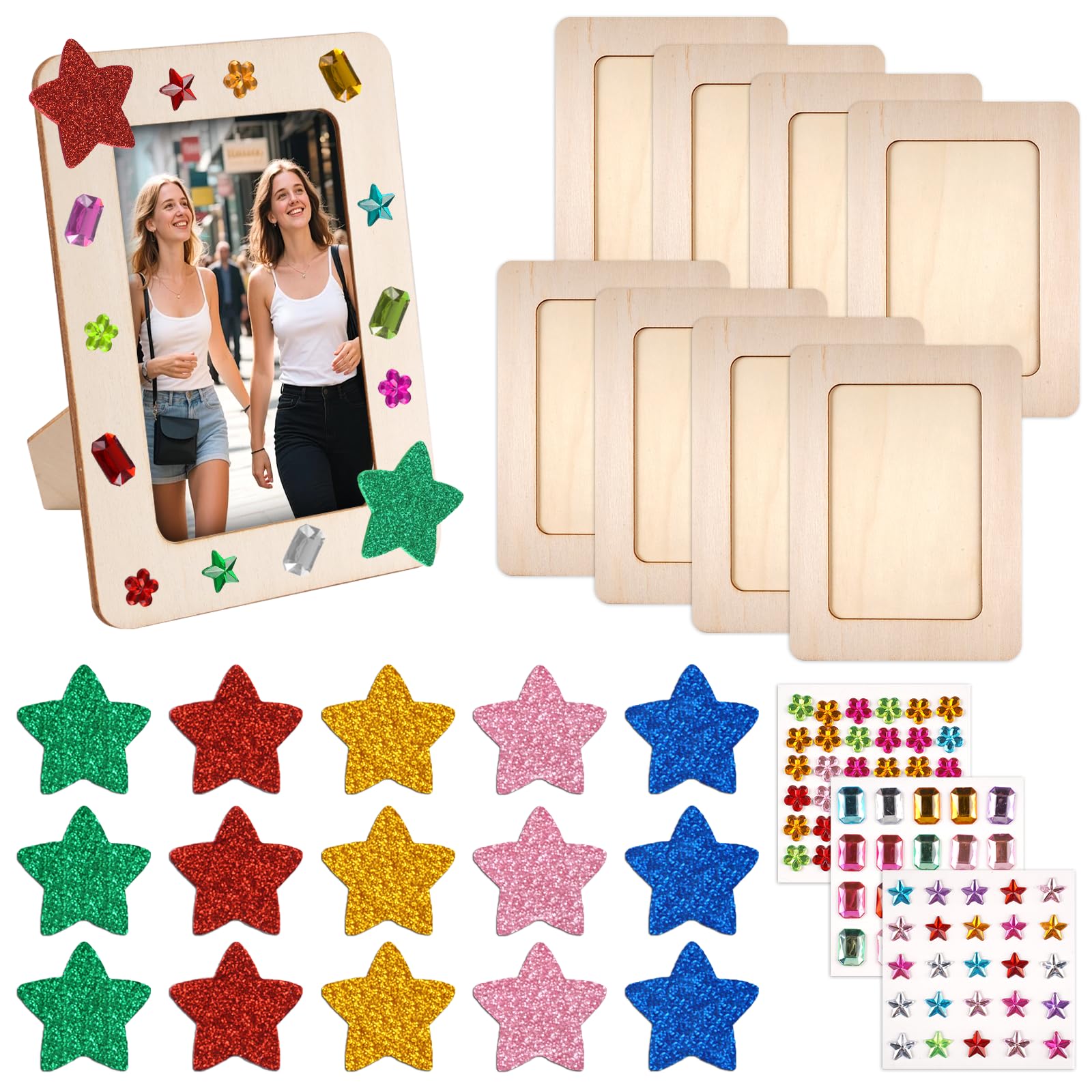 FYSL Set van 6 houten fotolijsten om te beschilderen, voor kinderen, 14 x 19 cm, knutselset met 12 waterkleuren, glitterstenen en 3D-stickers, creatieve set om zelf vorm te geven