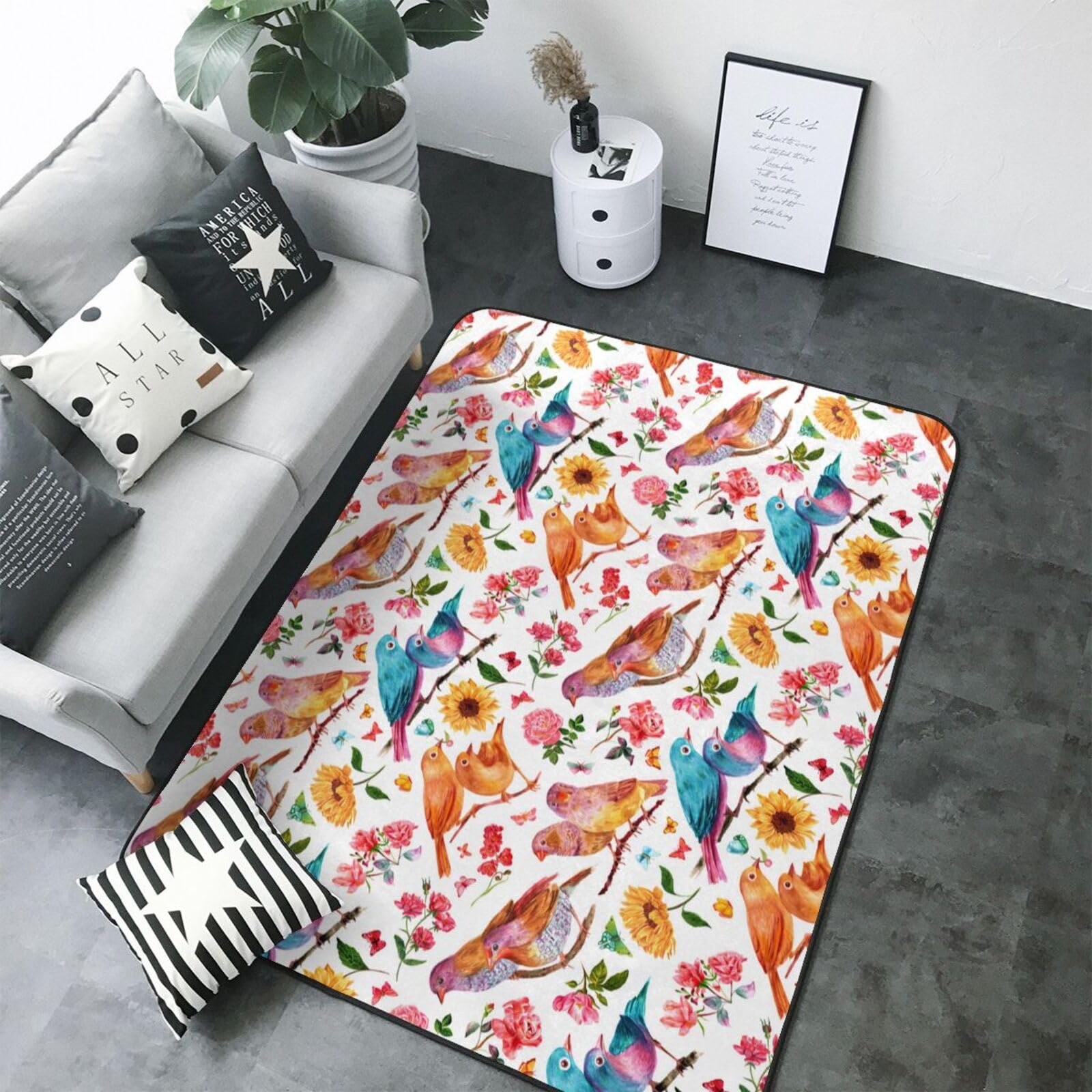 Tapis de salon lavable pour éliminer les taches facilement motif fleurs et oiseaux