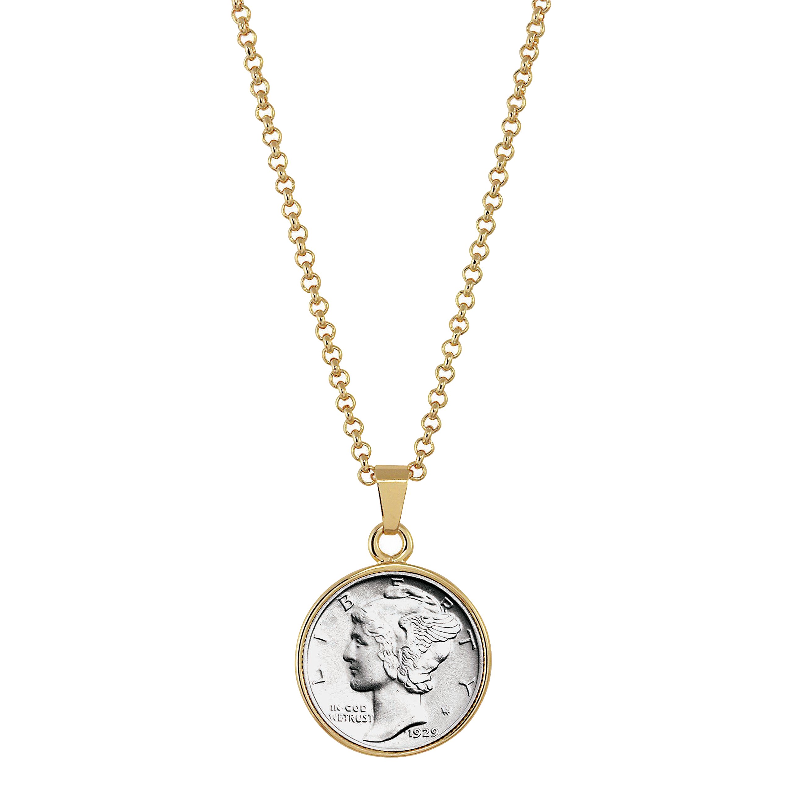 American Coin TreasuresSilver Mercury Dime Goldtone Coin Pendant with 18" Chain Necklace - Genuine and Elegant Keepsake Jewelry for Women | White Luxury Gift Box Included