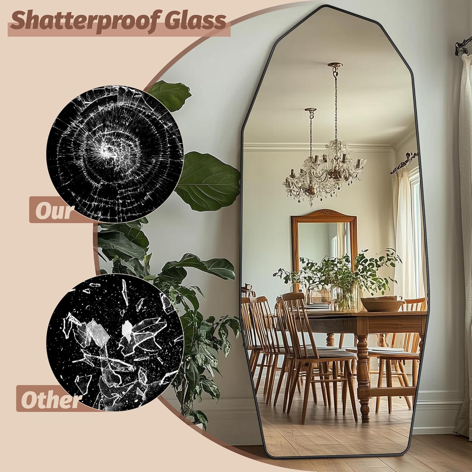 Full Length Mirror, 71" x 28" Full Body Large Standing Mirror, Diamond Shaped, Free Standing, Wall-Mounted or Leaning, Decorative Large Mirrors for Home Bathroom Living Room, Black - Image 5