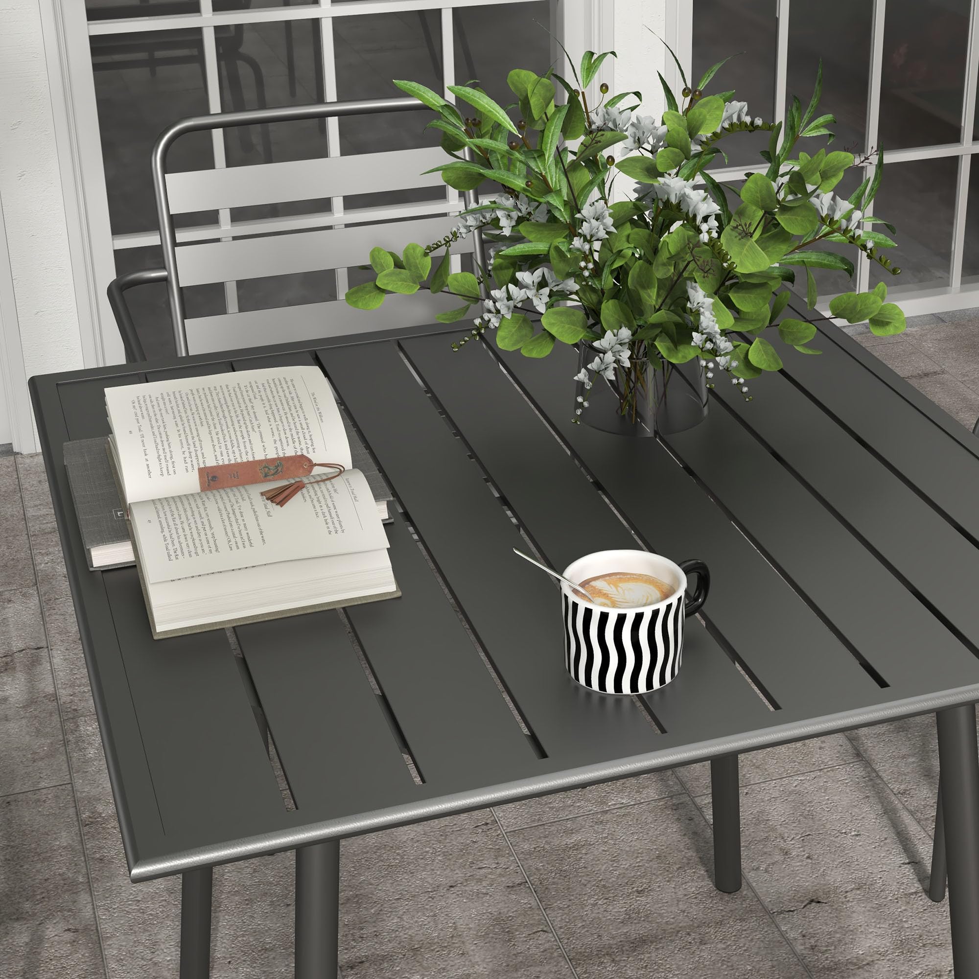 Set Jardin 5 Pièces – Table + 4 Chaises Empilables – Acier & Maille – Plateau Imitation Bois – Gris Foncé