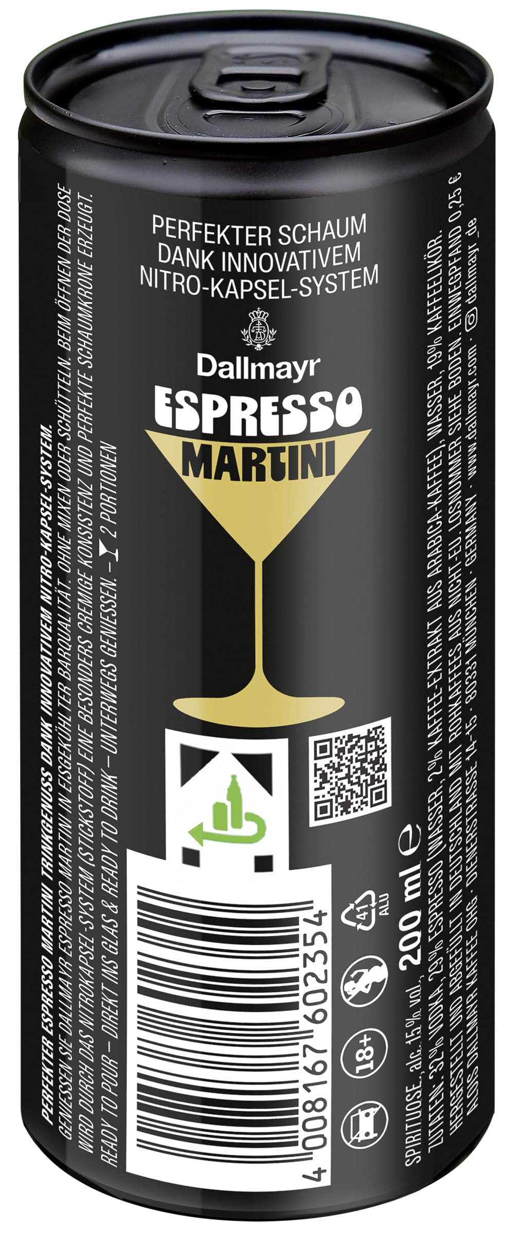 Dallmayr Espresso Martini Dose Einweg 200ml Ready-To-Drink Premium-Cocktail mit Nitro-Kapsel-System - alc. 15% vol