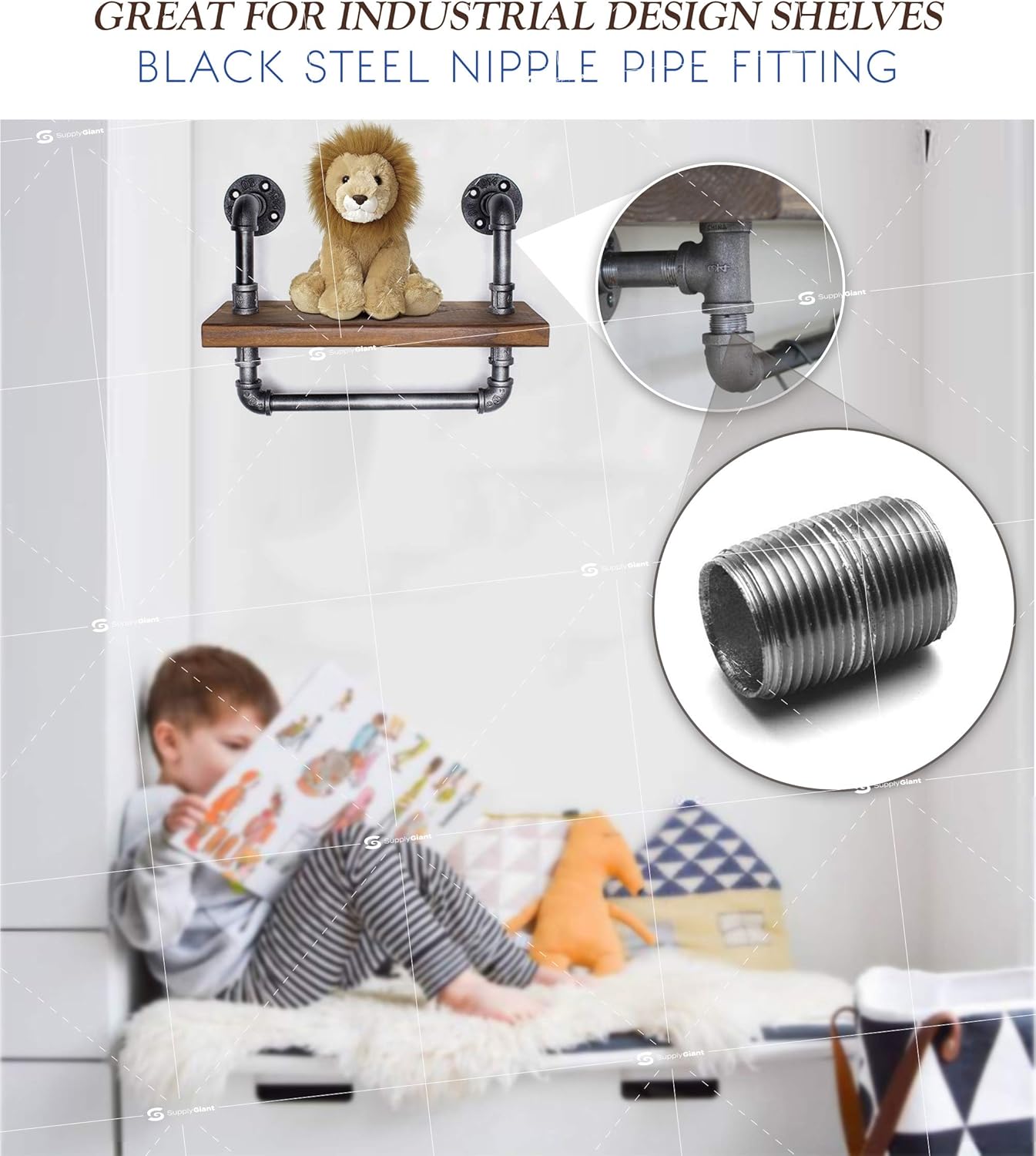 Supply Giant 1/2 Inch Black Half Inch Malleable Steel Pipes Nipples Fitting Closed Build DIY Vintage Furniture, 1/2" x 1", Pack Of 10 - - 