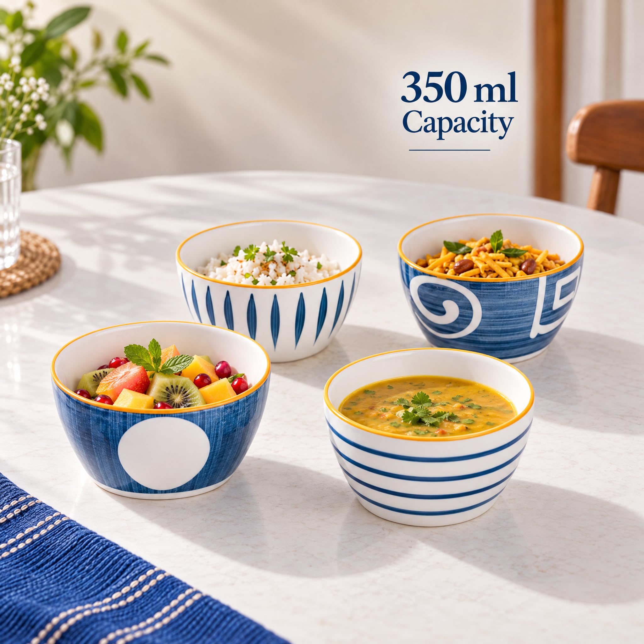 Nestasia 350ml Ceramic Bowl Set of 4, Microwave & Dishwasher Safe, BPA & Lead-Free Snack & Soup Bowls, Elegant White & Blue Crockery Set for Gift, Everyday Serving & Dining — Amazon image 2