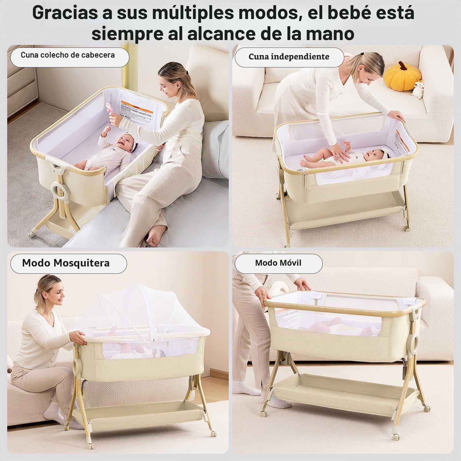 Larex Cuna Colecho para Bebé bassinet para recién nacido y bebé con mosquitera, bolsa y cesta de almacenamiento, 5 alturas ajustables,4 Ruedas con Freno, colchón transpirable y paredes de malla(Caqui)