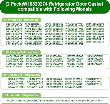 2 Pack W10830274 Refrigerator Door Gasket Compatible with Whirlpool Freezer | Fits for KitchenAid,Maytag,Jenn Air Refrigerator Door Seal ,Replace W10294127,W10443273,4454925,PS11759518,AP6027236 (GRAY)