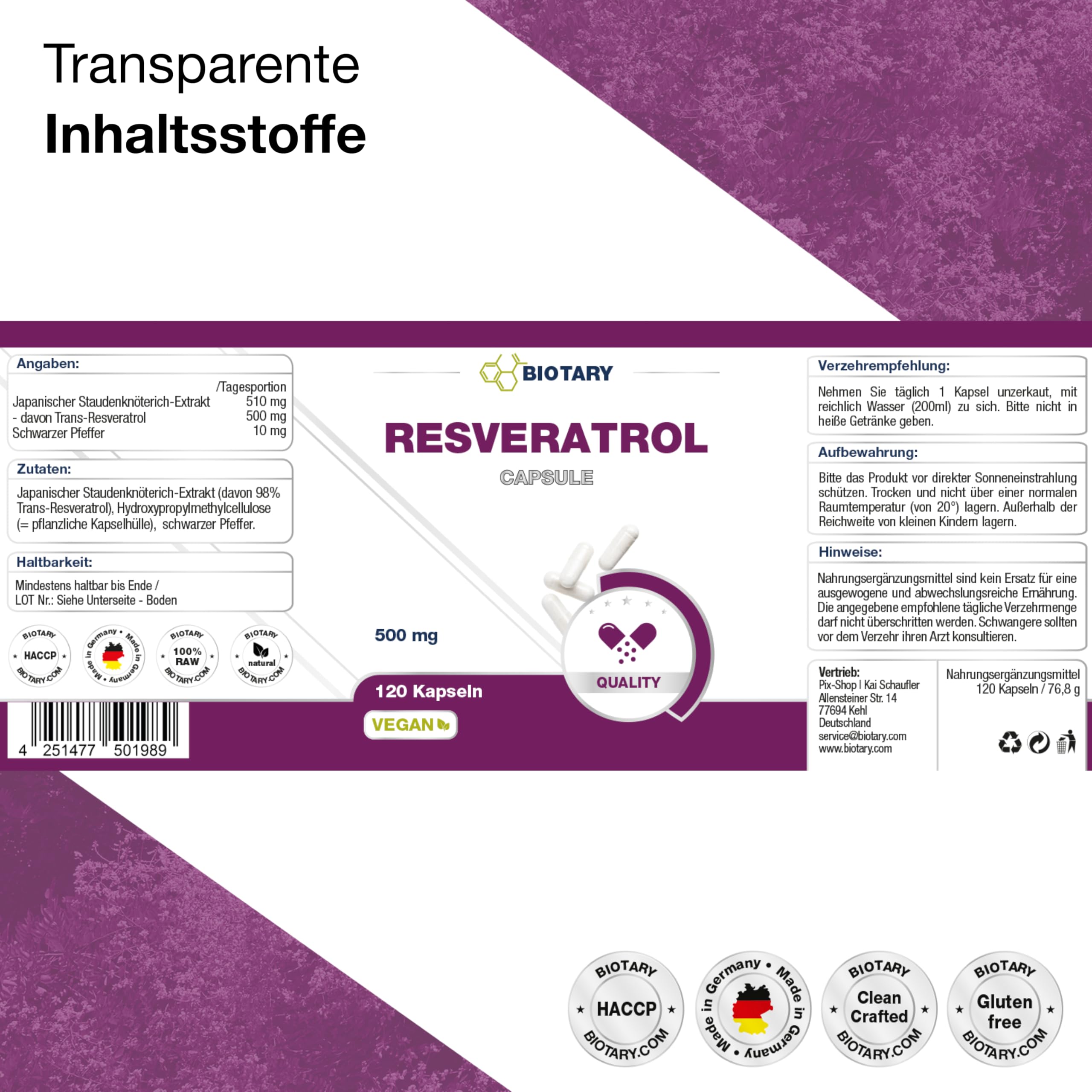 Resveratrol 120 Kapseln 500 mg pro Kapsel aus 98% Trans Resveratrol japanischem Staudenknöterich Wurzelextrakt inklusive Pillenbox 4 Monate Vorrat 100% vegan reine Rezeptur geprüfte Qualität