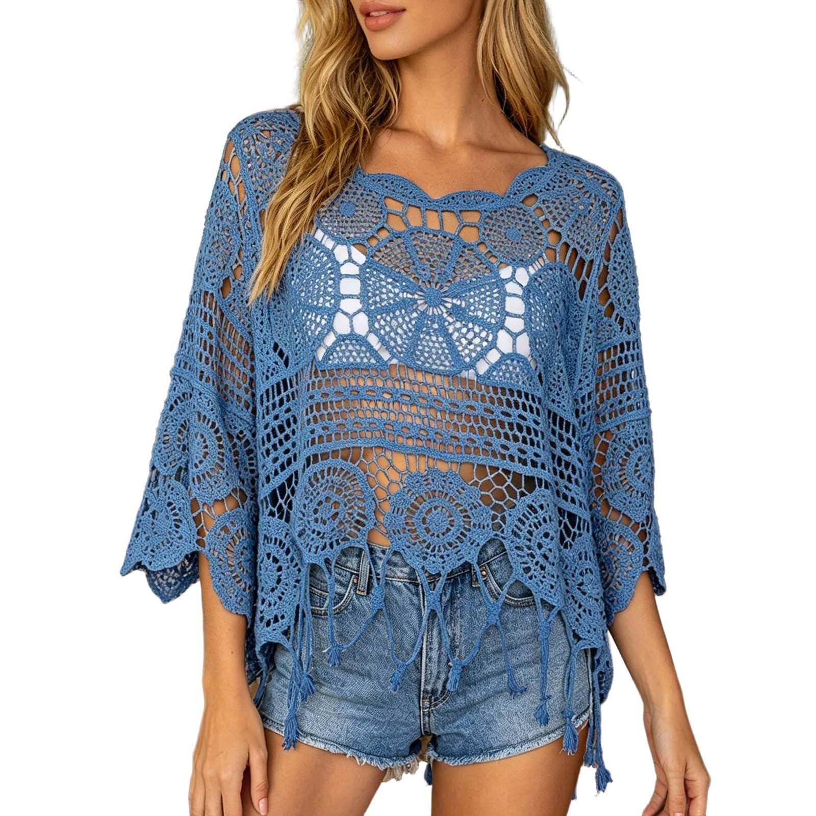 Häkelpullover Damen Lochmuster Rundhals Häckeloberteil Sommer Häkelpulli Strick Cover Up Häkelshirt Leicht Boho Häkeltop Häkel Oberteil Crochet Netzpullover Oversize Shirt Strandmode