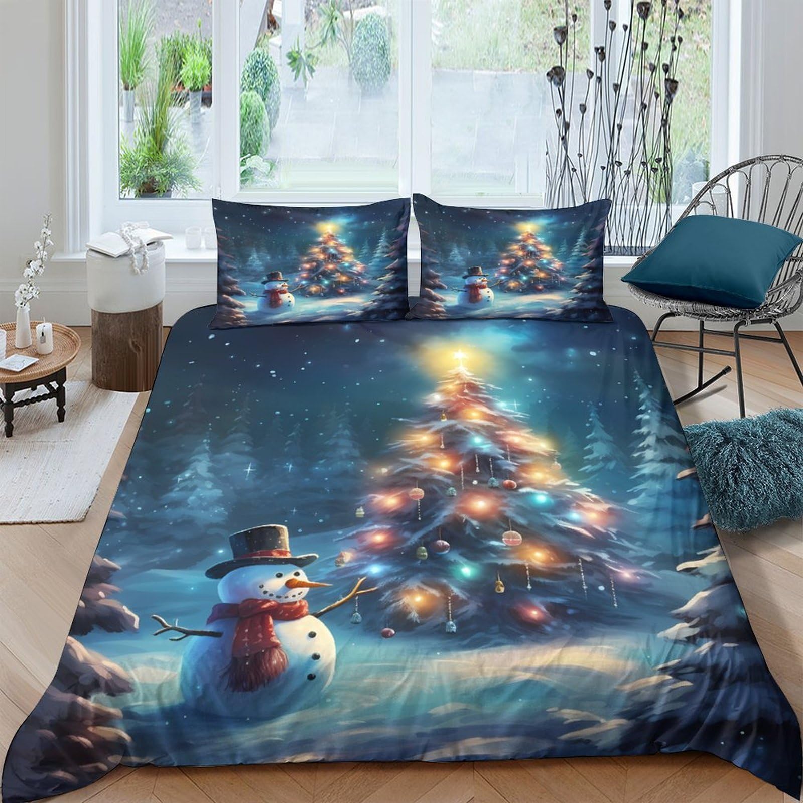 Ctjqhvkz Style-4 3D Printed Christmas Tree Fitted Sheet Microfiber Snowman Bed Cover Non-Slip Easy Care For Bedroom Guest Room Decoration Single（135X200cm）