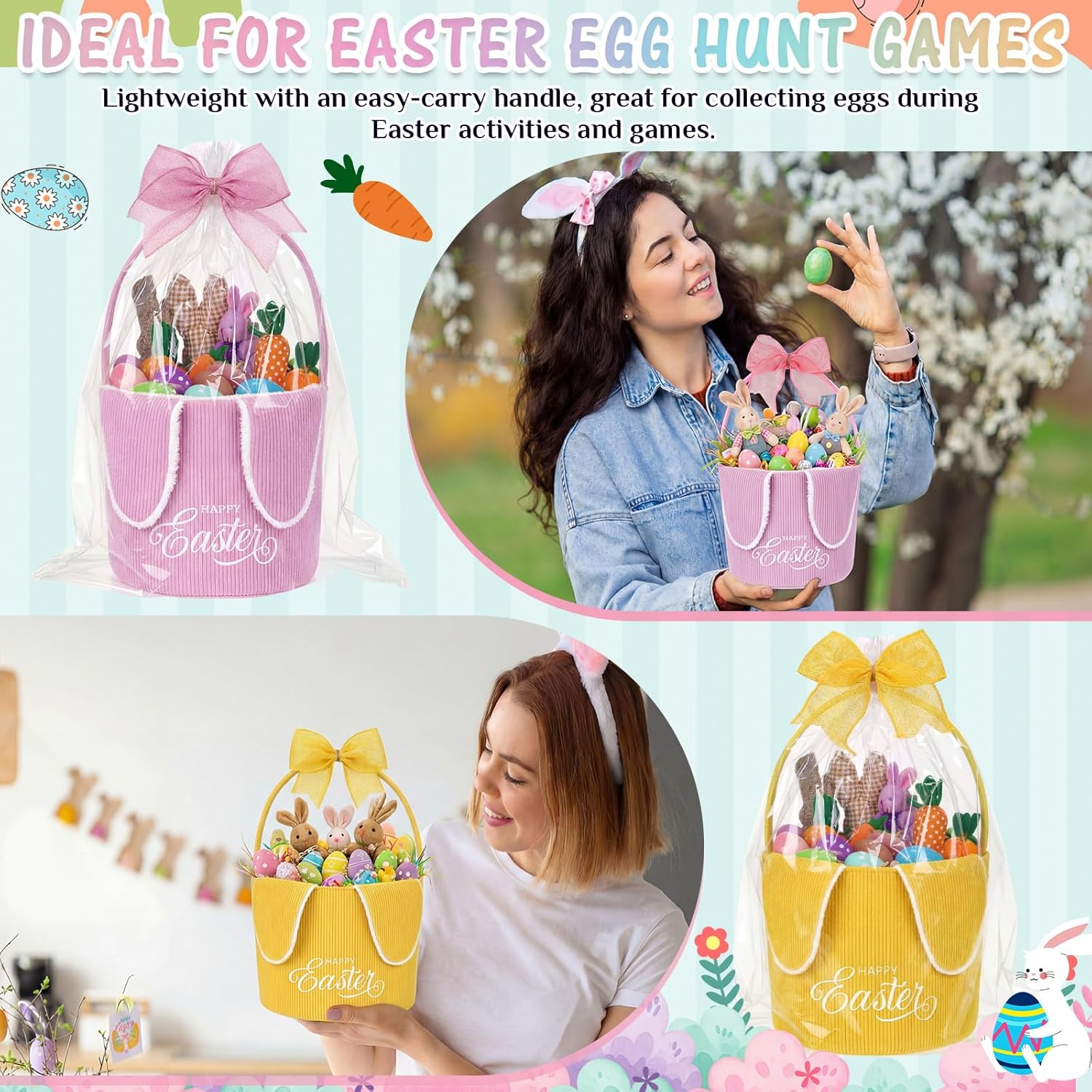 Hushee 4 Pack Easter Bunny Basket Easter Egg Hunt Rabbit Basket with Handle Bow for Candy Gift Storage