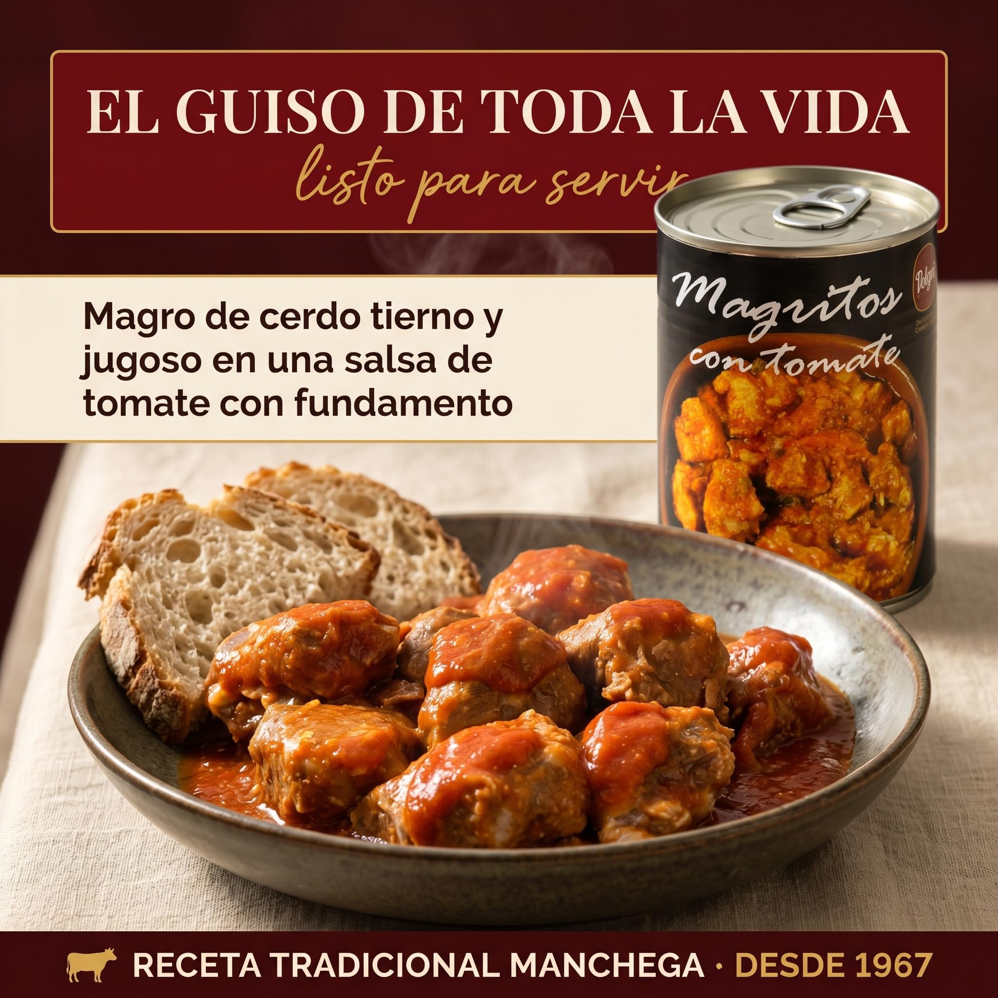 POLGRI Magro con Tomate de Cerdo en Lata 390 g x 3 latas Conserva de Carne Guisada Plato Preparado Receta Tradicional Manchega