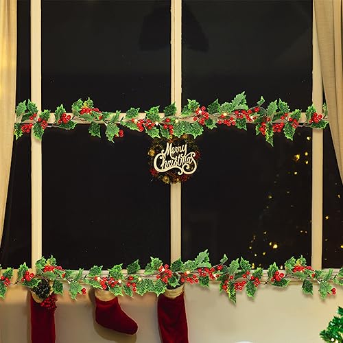 Miniatura 7 de ATDAWN Guirnalda de Navidad iluminada de bayas rojas de 7 pies, guirnalda de Navidad con luces que funciona con pilas, guirnalda artificial flexible